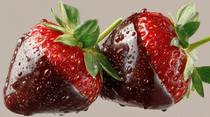 Close-up of two fresh ripe strawberries with green leaves and water droplets on a white background, detailed macro shot showing texture and vibrant red color