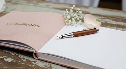 Wedding guestbook with pen and flowers on rustic wooden table  