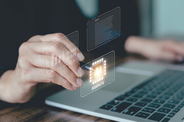 Businessman interacts with a futuristic holographic interface, showcasing the AI agent's capability to generate business reports and documents. Artificial intelligence AI automation.
