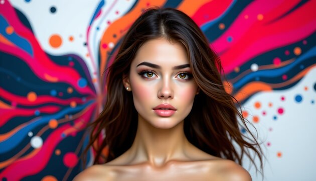 A woman with long hair against a vibrant backdrop that resembles an abstract painting of multicolored drips or splatters