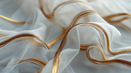 A close up of luxurious sheer white fabric with a shimmering gold striped trim draped in soft elegant waves and folds