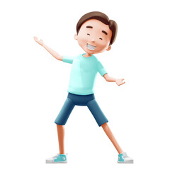 Cheerful Boy in Light Blue Shirt and Dark Blue Shorts Dancing with Arms Outstretched on Transparent Background Joyful Expression Dynamic Pose
