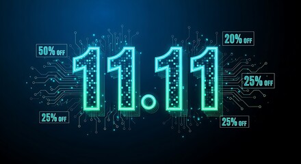 Neon glowing eleven eleven sale promotion with circuit board lines and discount percentages on black