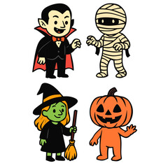 Cute Halloween Characters Illustration – Vampire, Mummy, Witch, and Pumpkin Man