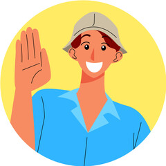 Cheerful Person in Blue Shirt and Beige Hat Waving Hand Against Yellow Circle Background Graphic Illustration