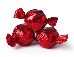 Close-up of three shiny red wrapped candies stacked on a