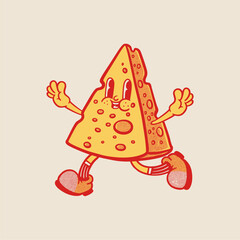 Groovy cheese breakfast character in retro cartoon. Mascot, vector, icon, colection, sticker, vintage, illustration, set, funny, logo, comic, vintage, line art, logo