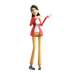 Cartoon Woman in Red Jacket Pointing on Transparent Background Stock Illustration
