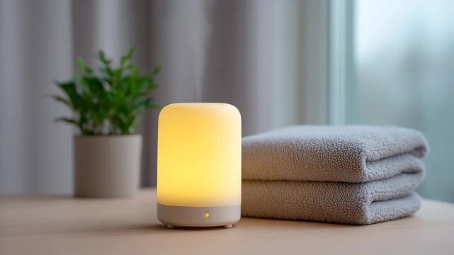 Aromatherapy diffuser with soft yellow light creates cozy relaxation and modern home decor, featuring towel, plant, wooden table, peaceful mood, wellness, and minimalist interior design
