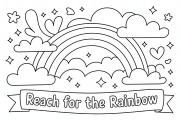 Coloring Page: Whimsical Rainbow with Clouds, Stars, and Hearts