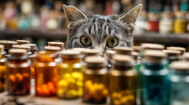 Curious tabby cat peeking over colorful glass vials filled with mysterious contents, hinting at magic, alchemy, or a whimsical apothecary setting with captivating, wide green eyes.