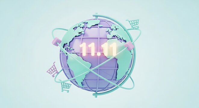 A pastel globe with shopping carts and the number eleven point eleven floating in the center space