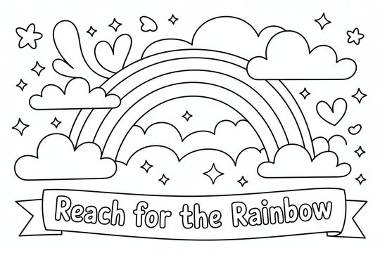 Coloring Page: Whimsical Rainbow with Clouds, Stars, and Hearts