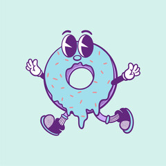 Groovy donut breakfast character in retro cartoon. Mascot, vector, icon, colection, sticker, vintage, illustration, set, funny, logo, comic, vintage, line art, logo