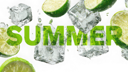 Refreshing summer concept with ice cubes and lime slices, vibrant green color and water splashes create cool, energetic mood for hot weather themes