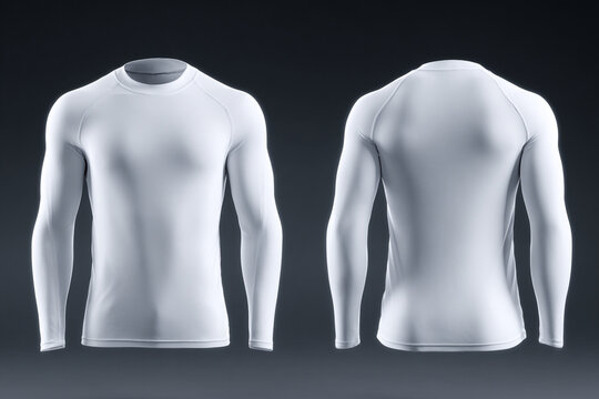 Front and back views of a blank white long-sleeved athletic compression shirt on an invisible mannequin against a dark grey background