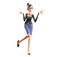 Cartoon Woman with Black Top and Blue Shorts Pointing Direction in Transparent Background Digital Art Illustration