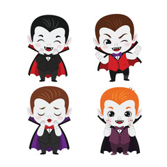 Four cartoon vampires with varying expressions, wearing capes and suits, smiling and gesturing.