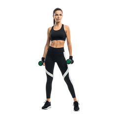 A fitness model standing with dumbbells, looking determined. She is wearing athletic attire and ready to workout, isolated on transparent background