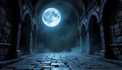 An eerie scene of a stone corridor under a full moon. The hallway is dimly lit by the light filtering through arches, creating shadows that add to the spooky atmosphere