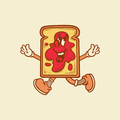 Groovy toast breakfast character in retro cartoon. Mascot, vector,food, icon, colection, sticker, vintage, illustration, set, funny, logo, comic, vintage, line art, logo