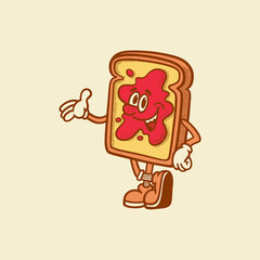 Groovy toast breakfast character in retro cartoon. Mascot, vector,food, icon, colection, sticker, vintage, illustration, set, funny, logo, comic, vintage, line art, logo