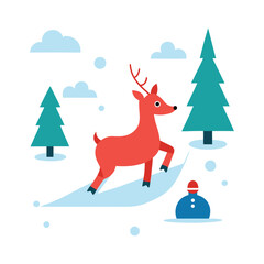 Cartoon Reindeer Playing Winter Games in Snowy Scene Vector Illustration