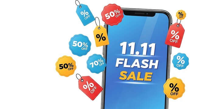 A smartphone displays flash sale with discount percentages in tags floating around the device screen