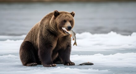 Fototapeta premium bears hunt fish in frozen waters