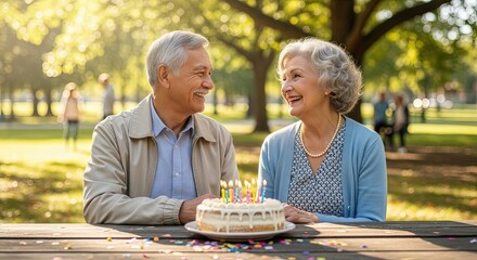 Elderly couple smiling at each other while celebrating birthday in park