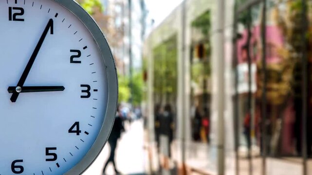 Timelapse of Clock time in front busy city street people passing by background. business lifestyle