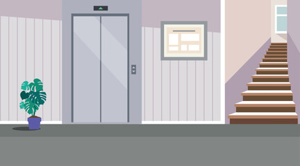 Elevator Hallway. Apartment Elevator Lobby with Notice Board, and Staircase. A residential corridor. The interior of the 1st floor. Vector illustration of the interior of a room, corridor or hallway 