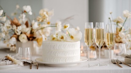 Minimalist elegant table with modern cake design, sleek champagne glasses, and chic neutral decor, contemporary celebration style
