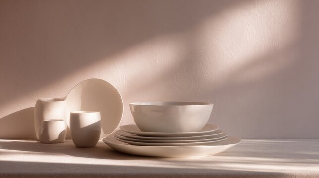Minimalist dining table with simple white ceramics, soft light creating gentle shadows, elegant and understated sophistication