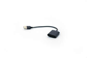 USB Card Reader for SD and MicroSD Memory Cards on White Background