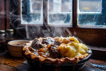 Steaming hot pot pie on rustic wooden table near window
