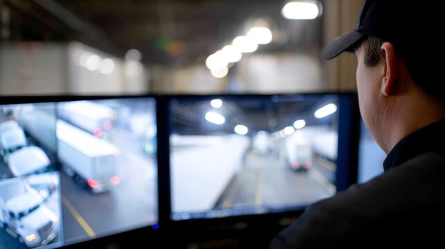 A security officer monitors multiple screens showing live footage of a loading dock. The scene captures the importance of surveillance in transportation logistics. A blend of technology and duty. AI