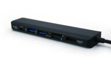 Multiport Adapter for MacBook with USB, HDMI, and Card Readers on White Background
