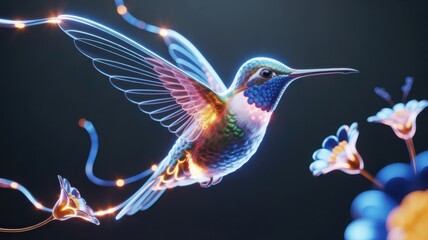 Luminous hummingbird with glowing wings in flight near delicate flowers