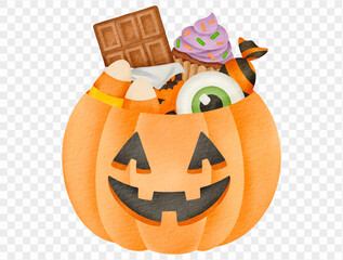 Watercolor pumpkin bucket full of halloween candies spooky Vector.