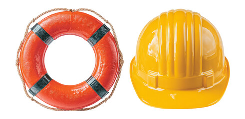 High-Quality Isolated Life Buoy and Yellow Safety Helmet on Transparent Background