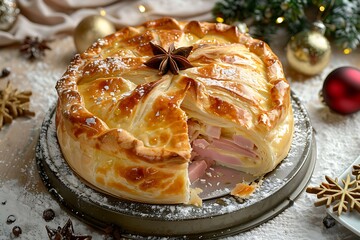 Delicious ham and cheese puff pastry pie, perfect for holidays.