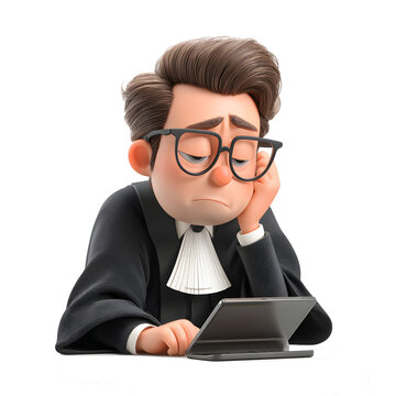 Cartoon lawyer looking bored at tablet isolated on transparent background