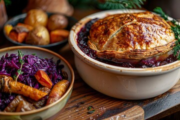 Delicious game pie with roasted vegetables and red cabbage.
