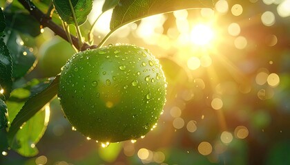 Close Up of Green Apple with Water Droplets on Tree Branch Against Sunlight