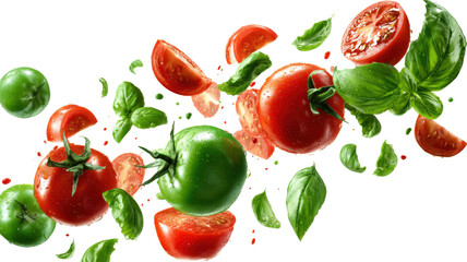 Falling Tomatoes, Basil Leaves, Red, Green, Fresh, Food, Ingredients, Culinary, Pizza, Recipe isolated on a white background