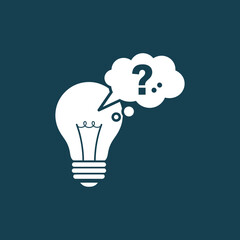Light bulb with question mark in thought bubble.