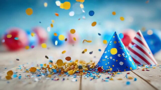 Festive Gathering: Confetti rains down on colorful party hats, as festive atmosphere is captured in stunning detail with vibrant colors and textures, creating a joyful ambiance for celebration. 