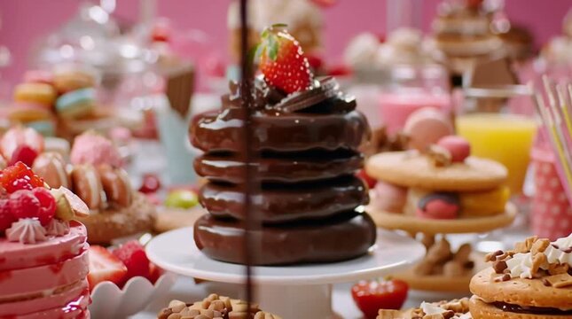 Decadent chocolate donut stack topped with fresh strawberry and rich chocolate drizzle, surrounded by an array of colorful sweet treats and desserts.