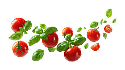 Falling Tomatoes, Basil Leaves, Red, Green, Fresh, Food, Ingredients, Culinary, Pizza, Recipe isolated on a white background